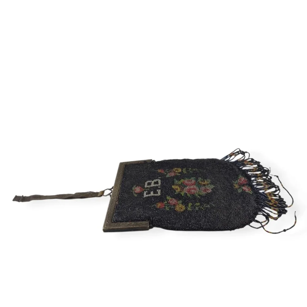 Antique Victorian Micro Beaded Purse Velvet Lining Monogram EB Double Sided 9